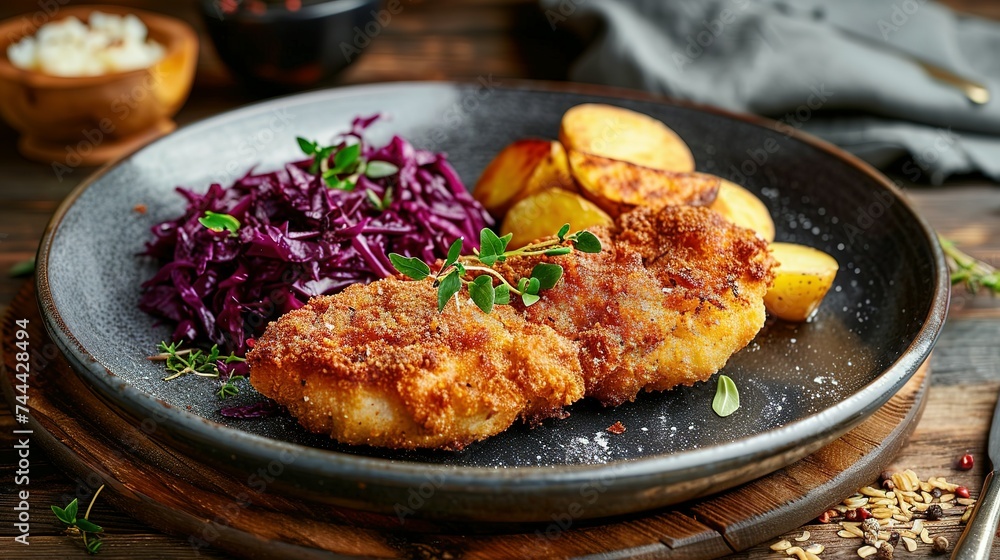 Crispy breaded fried cutlet with baked potatoes and cooked red cabbage on wooden table