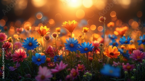 Nature's Symphony, Flower Meadow with Sunlight and Bokeh Lights