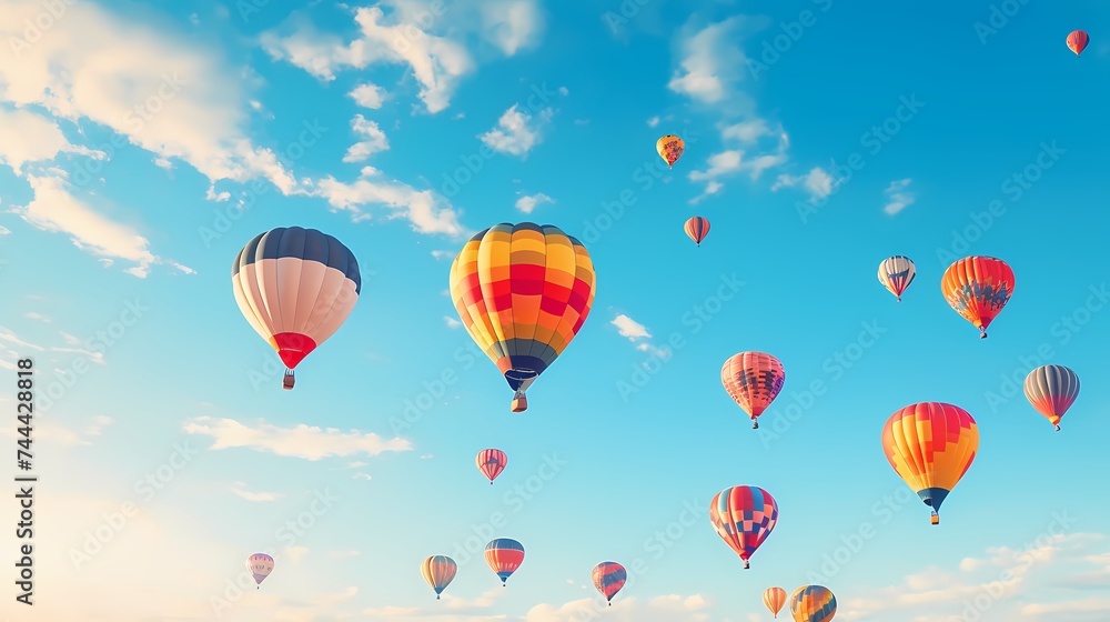 A row of colorful hot air balloons against a clear sky, symbolizing adventure and freedom. A row of colorful hot air balloons against a clear sky, symbolizing adventure and freedom.