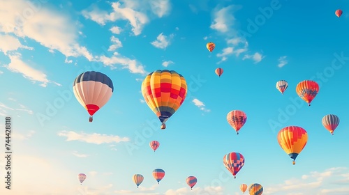 A row of colorful hot air balloons against a clear sky, symbolizing adventure and freedom. © Nature Lover