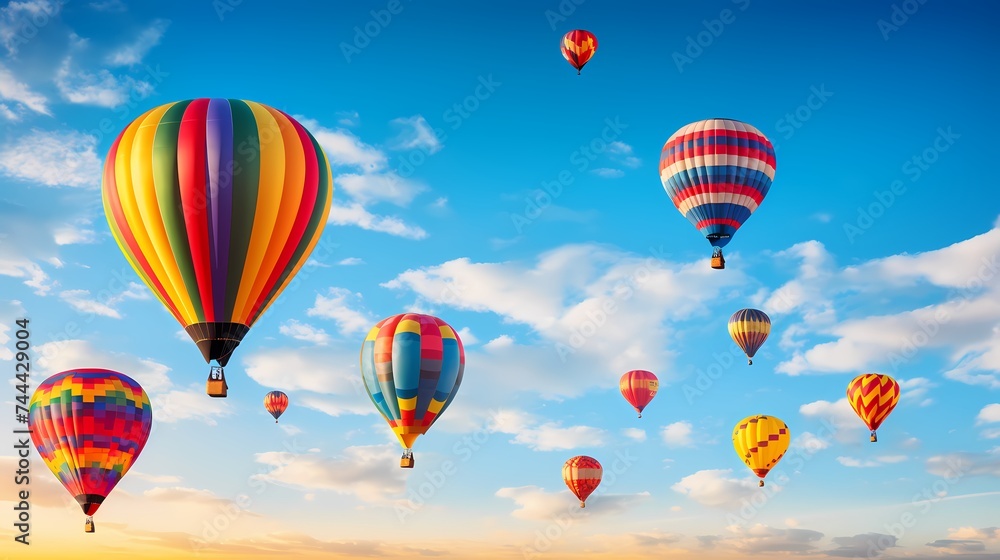 A row of colorful hot air balloons against a clear sky, symbolizing adventure and freedom. A row of colorful hot air balloons against a clear sky, symbolizing adventure and freedom.