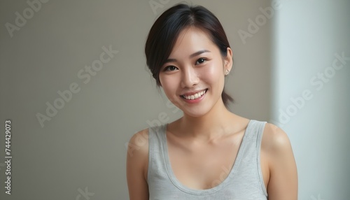  Portrait of a Cheerful Asian young woman  girl. close-up. smiling. plain background. Healthy skin