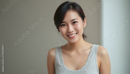  Portrait of a Cheerful Asian young woman, girl. close-up. smiling. plain background. Healthy skin