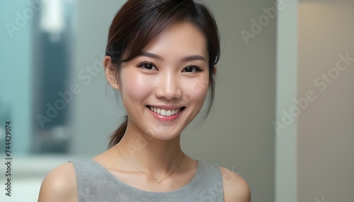  Portrait of a Cheerful Asian young woman, girl. close-up. smiling. plain background. Healthy skin