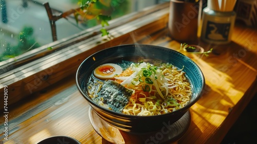 Delicious vegetarian ramen served on wooden table. Noodle soup