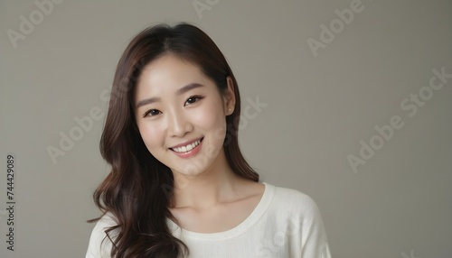  Portrait of a Cheerful Asian young woman  girl. close-up. smiling. plain background. Healthy skin
