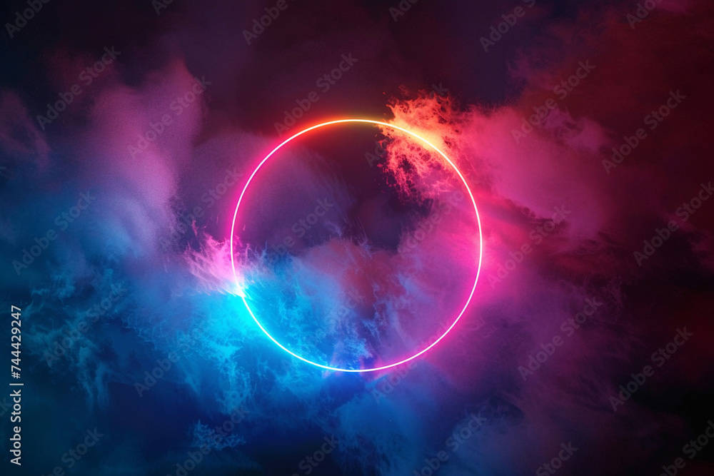 Obraz premium Neon circle, Neon glitter circle of light shine sparkles and Neon spark particles in circle frame on clouds background, magic of space