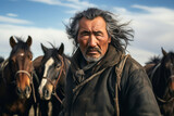 Mongolian man of 50-60 years old stands against the background of a pasture of horses. mature Asian man.