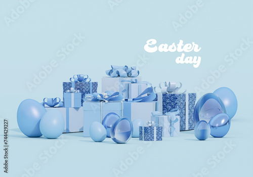 Happy easter day with classic blue and traditional gift box. Easter egg on pastel blue background. 3d render
