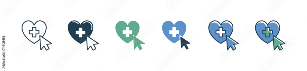 Obraz premium cursor pointing to love health care icon set with cross medical aid symbol support charity donation vector illustration