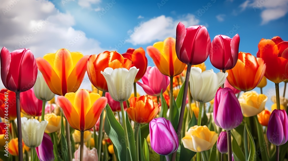 A row of colorful tulips in full bloom.