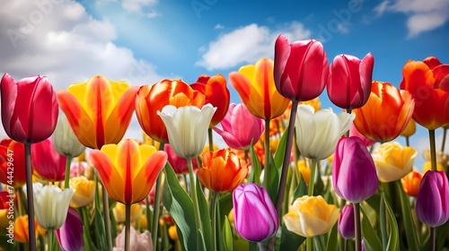 A row of colorful tulips in full bloom.