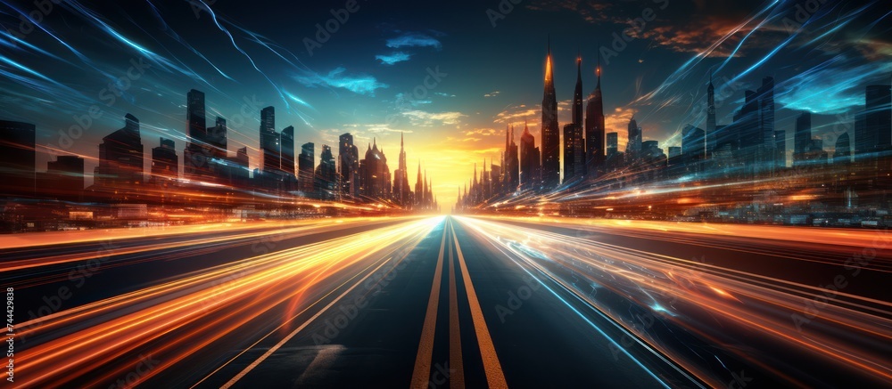Digital data flow on the road with blurred motion, Future digital transformation concept to create a vision of fast speed transfer - obrazy, fototapety, plakaty 