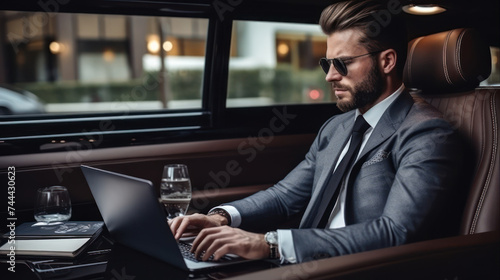 A dashing businessman focuses on his laptop while seated in a luxurious car.