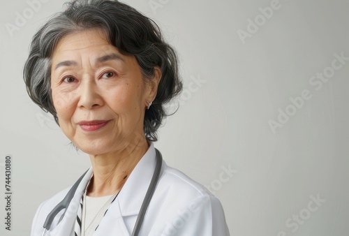 With assurance and skill, a Japanese senior physician stands confidently in her immaculate medical outfit against a stark white background.