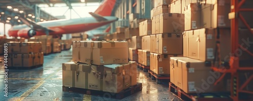 A cargo plane is being loaded with shipping boxes at an air freight logistic center, gearing up for airmail delivery. photo