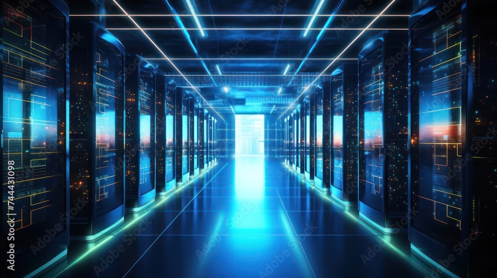 Server racks in dark data center with visual effects, representing internet traffic digitalization.