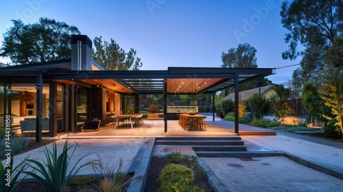 Modern steel carport in a family home. Modern house in the back © Andrey