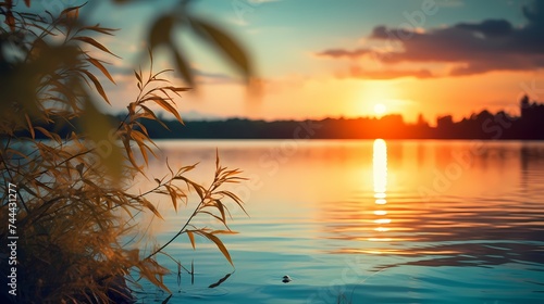 A serene lakeside sunset with a blurred background  creating a tranquil atmosphere with copy space.