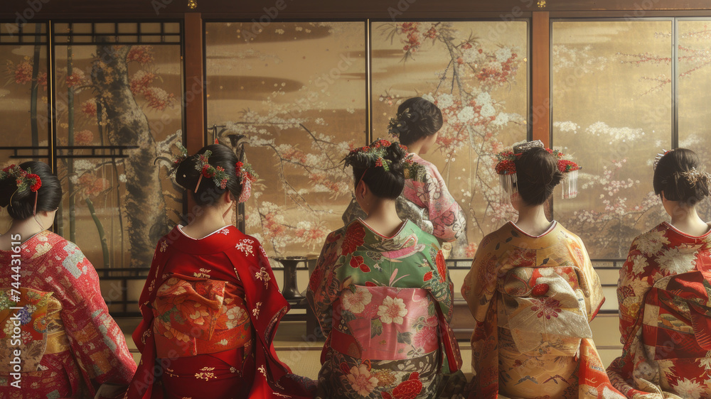 A group of geishas in vibrant kimonos facing a classic Japanese painting in a traditional tatami room.