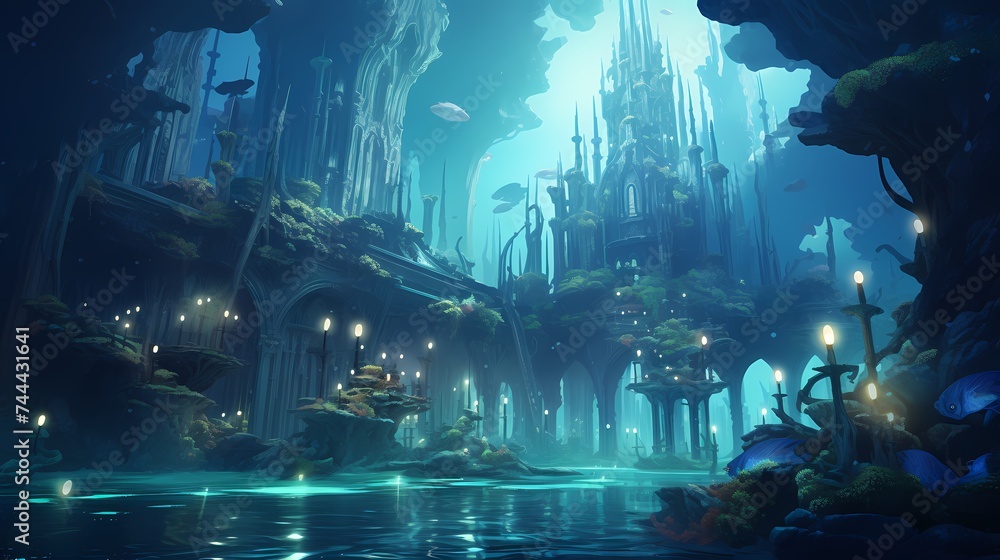 A serene underwater city with bioluminescent plants casting an ethereal glow on intricate coral structures.