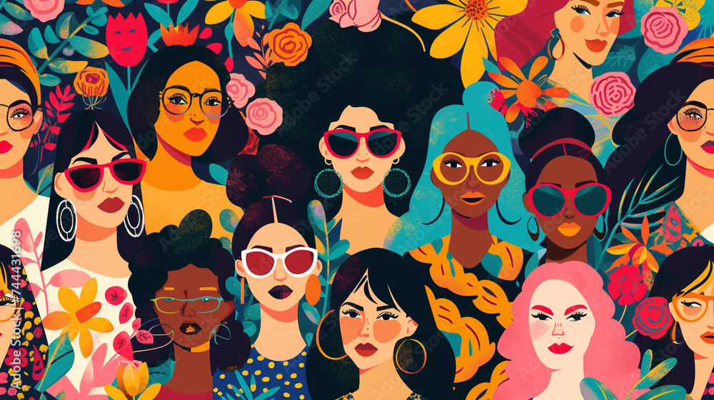 An inspiring depiction of International Women's Day, showcasing a diverse group of female symbols from different cultures and backgrounds standing together in solidarity and empowerment.