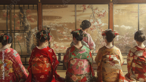 A group of geishas in vibrant kimonos facing a classic Japanese painting in a traditional tatami room.