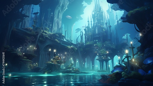 A serene underwater city with bioluminescent plants casting an ethereal glow on intricate coral structures.