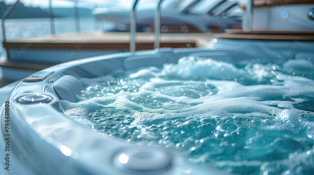 Close-up of bubbling hydrotherapy spa jets on a sunny day.