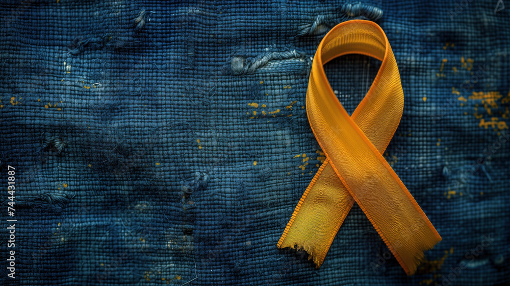 Fototapeta premium Vibrant Yellow Awareness Ribbon on Textured Denim Fabric.