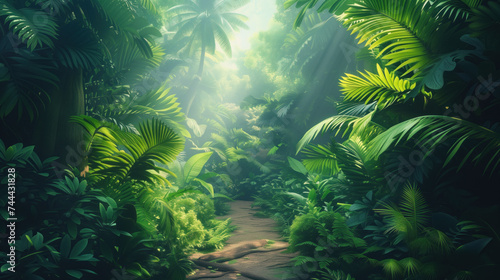 Sunlight filters through dense tropical foliage onto a serene jungle pathway.