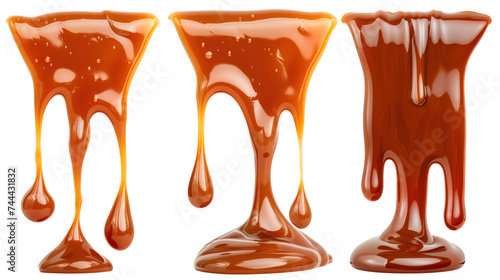 Three stages of caramel sauce dripping down, isolated on transparent.