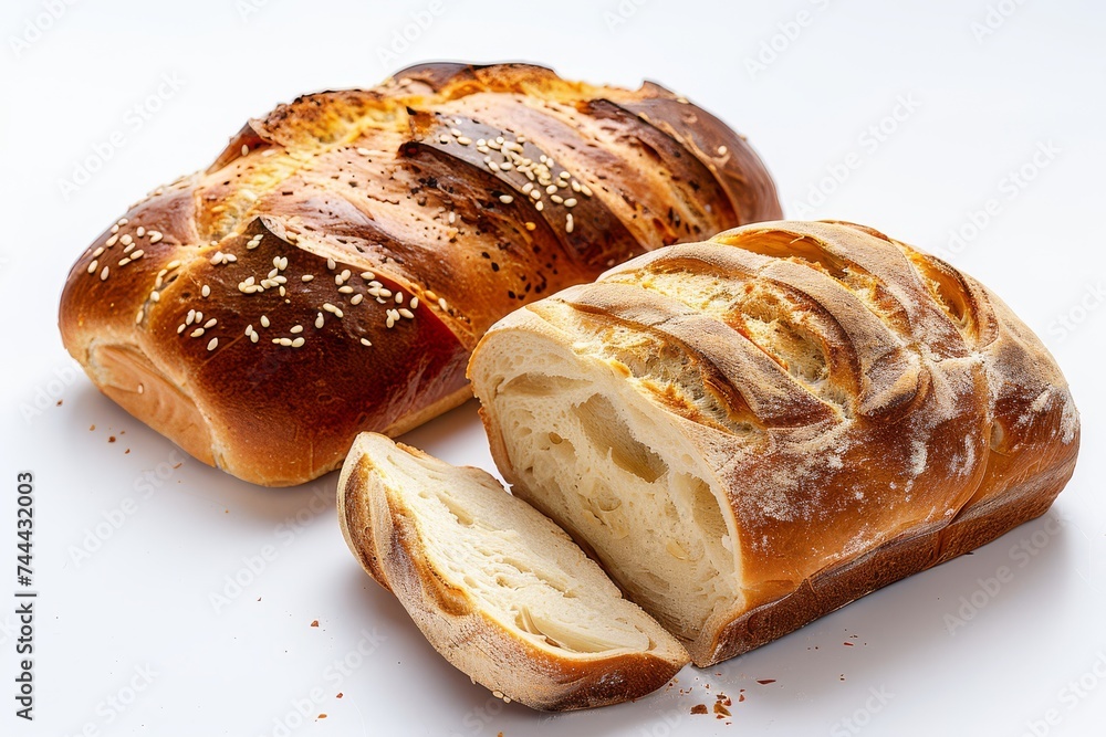 Golden challah bread loaves with sesame seeds on a white background.