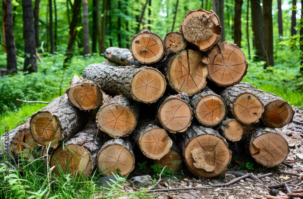 Stack of fresh cut logs piled up in a green forest environment.