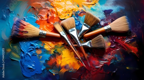 A set of artist paintbrushes with vibrant paints on a palette.