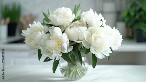 Elegant Bouquet of White Peonies in a Clear Vase on a Bright Table