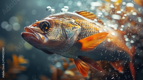 Colorful perch fish swimming in freshwater, bubbles and vegetation in the background.