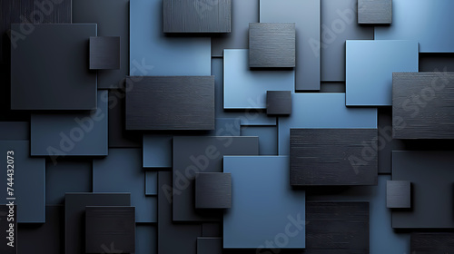 An artistic 3D rendering of various shades of blue squares with textured surfaces, arranged in a layered composition.