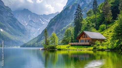 The image captures the beauty of nature and solitude, featuring a small cabin exuding coziness and warmth, perfectly positioned by a serene mountain lake.
