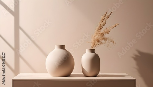 Minimalistic setting with a vase in front of a wall with shadows.