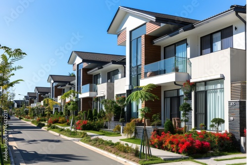 A modern residential street lined with contemporary houses and landscaped gardens.