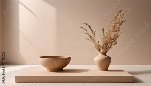 Minimalistic setting with a vase in front of a wall with shadows.