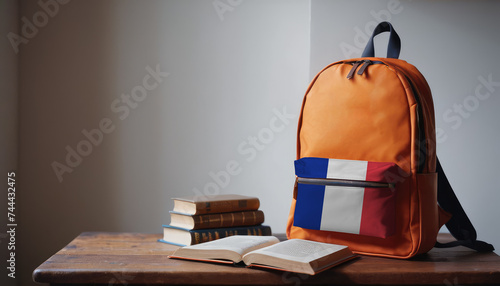 Back to school and happy time! Pile of books and backpack with France flag on the desk at the elementary school.
