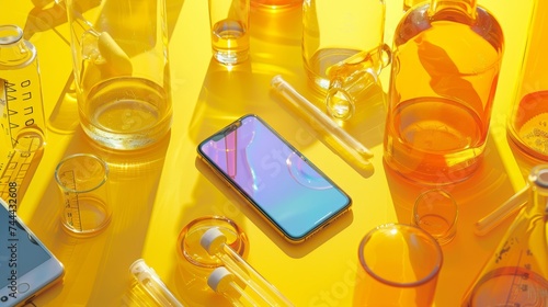 A vividly colored laboratory setup  with a green-screen smartphone amidst an array of colorful chemicals in petri dishes  test tubes  and flasks  illuminating the blend of technology and science.