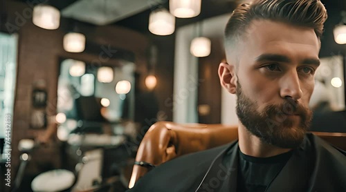 A delighted, attractive man relishes his fresh, fashionable haircut while seated in a barber’s chair photo