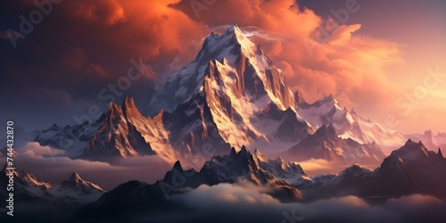 Majestic mountain peaks framed by purple and orange clouds under evening light. Concept Mountain Photography, Sunset Landscapes, Outdoor Adventure, Nature's Beauty, Inspirational Views © Anastasiia