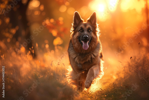 A breathtaking image capturing the spirit of a young crossbreed German Shepherd, , its fur radiating warmth and vitality as it bounds joyfully through the sun-kissed grass. © alishba Lishay