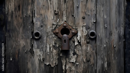 A solitary keyhole on a weathered door, suggesting secrets and hidden narratives.