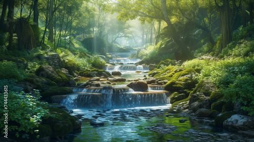 A captivating depiction of World Water Day, with crystal-clear streams flowing through a lush forest, highlighting the importance of clean water and sustainable ecosystems.