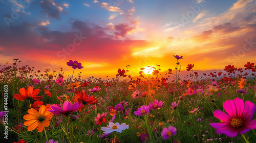 A breathtaking sunset over a field of blooming cosmos flowers, their vibrant colors painted against the evening sky.